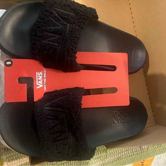 Vans Black Fuzzy Strap Slides - Picture 3 of 5
